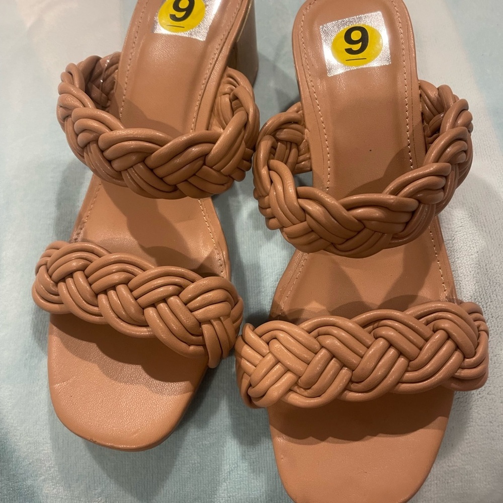 Tan Heels with Chunky Braided Straps and Smooth Footbed